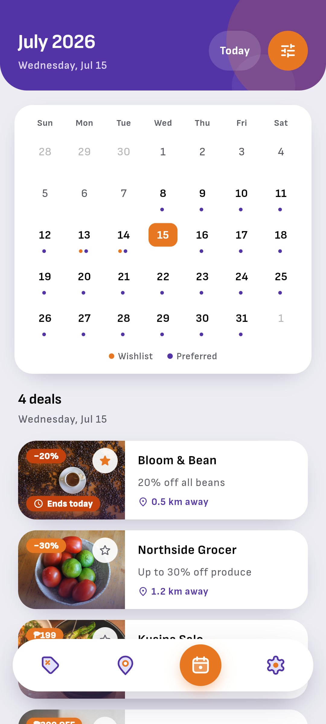 The Salendar calendar on Jul 15, listing Bloom & Bean's sale as ending today