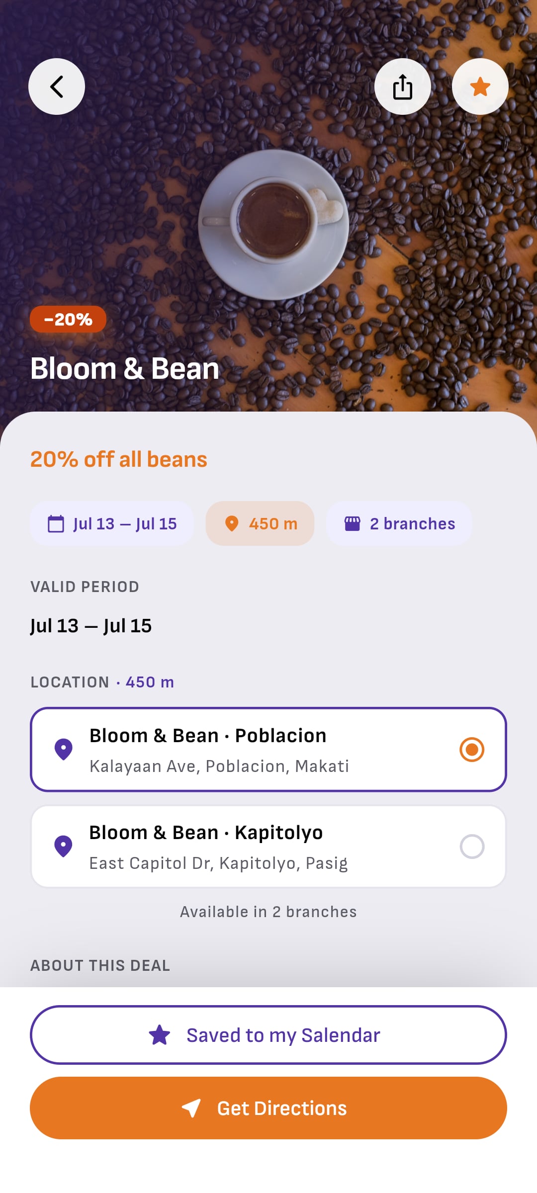 Bloom & Bean's sale in the app, 20% off all beans until Jul 15, saved to Salendar