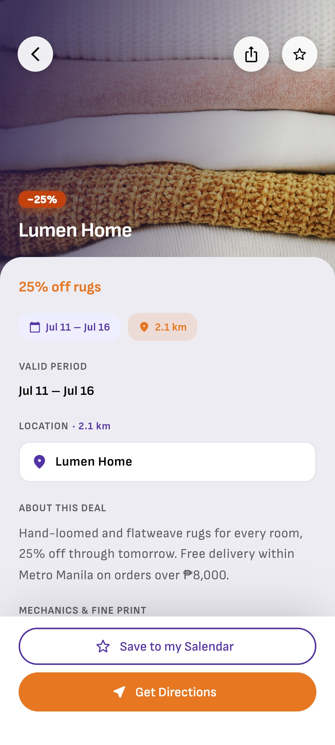Lumen Home's page in the Salendar app: 25% off rugs, Jul 11 to Jul 16, 2.1 km away