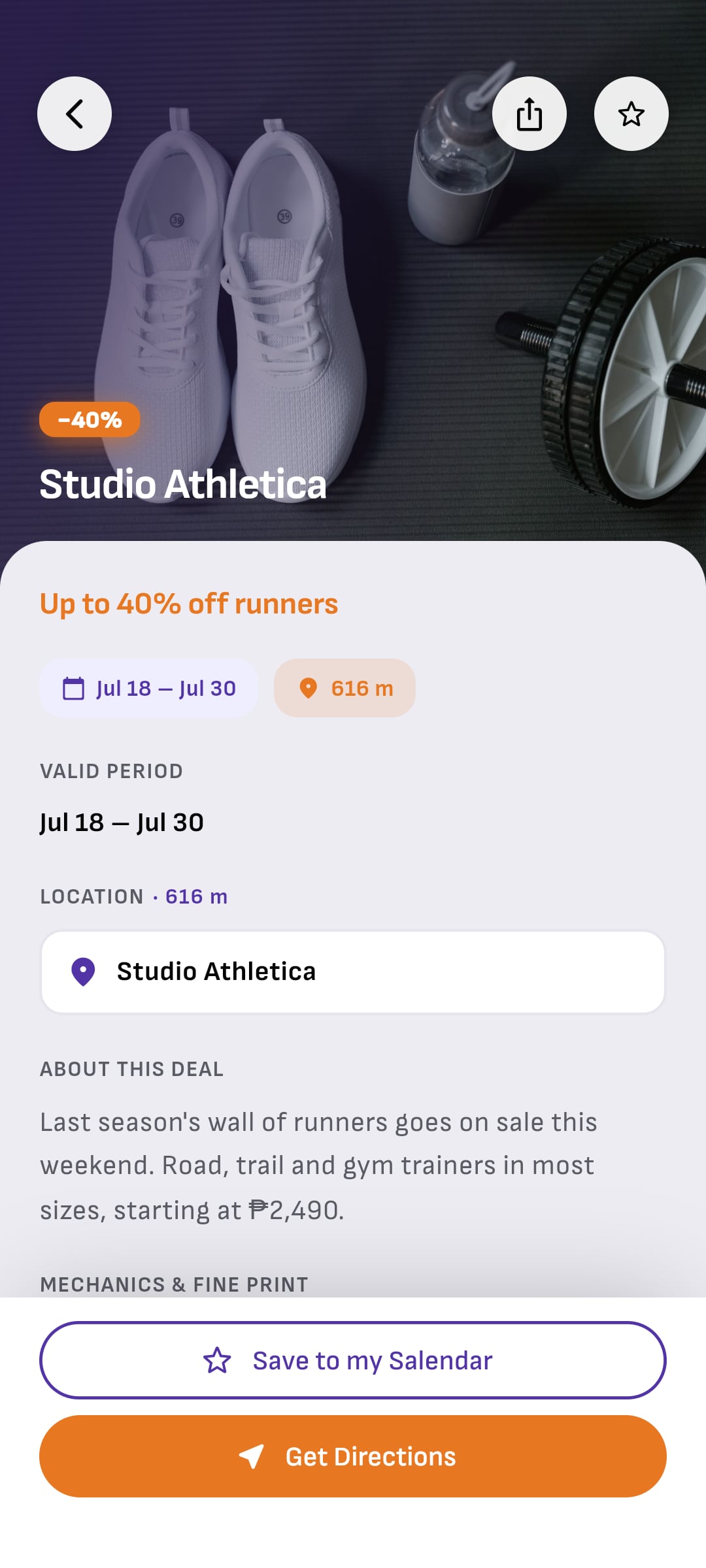 Studio Athletica's page in the Salendar app: Up to 40% off runners, Jul 18 to Jul 30, 616 m away